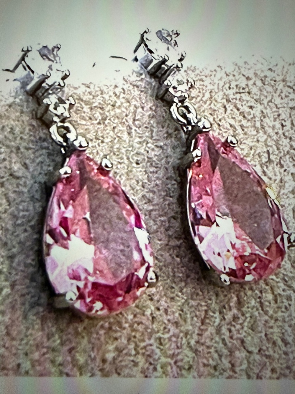 Pink Tourmaline Teardrop Earrings: White Topaz Accents, 14kt White Gold/Silver